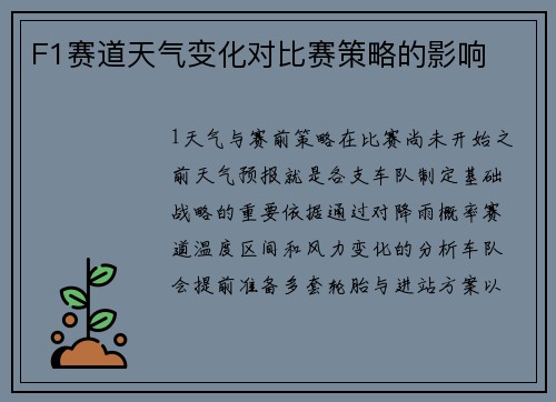 F1赛道天气变化对比赛策略的影响