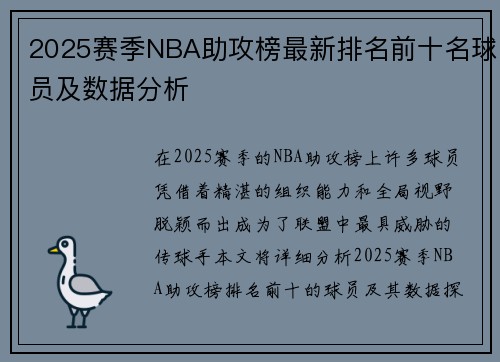 2025赛季NBA助攻榜最新排名前十名球员及数据分析